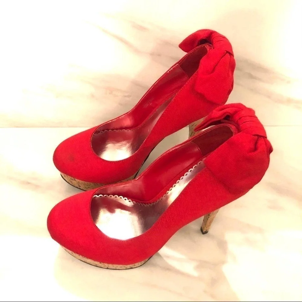 Bebe Stiletto High Heels Kahilia Ruby Red Size 8 Platform Cork Bow Formal